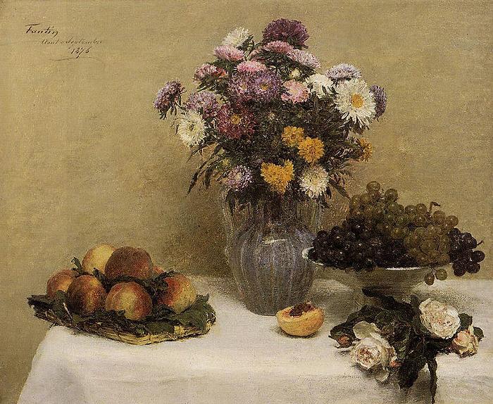 Henri Fantin-Latour White Roses, Chrysanthemums in a Vase, Peaches and Grapes on a Table with a White Tablecloth china oil painting image